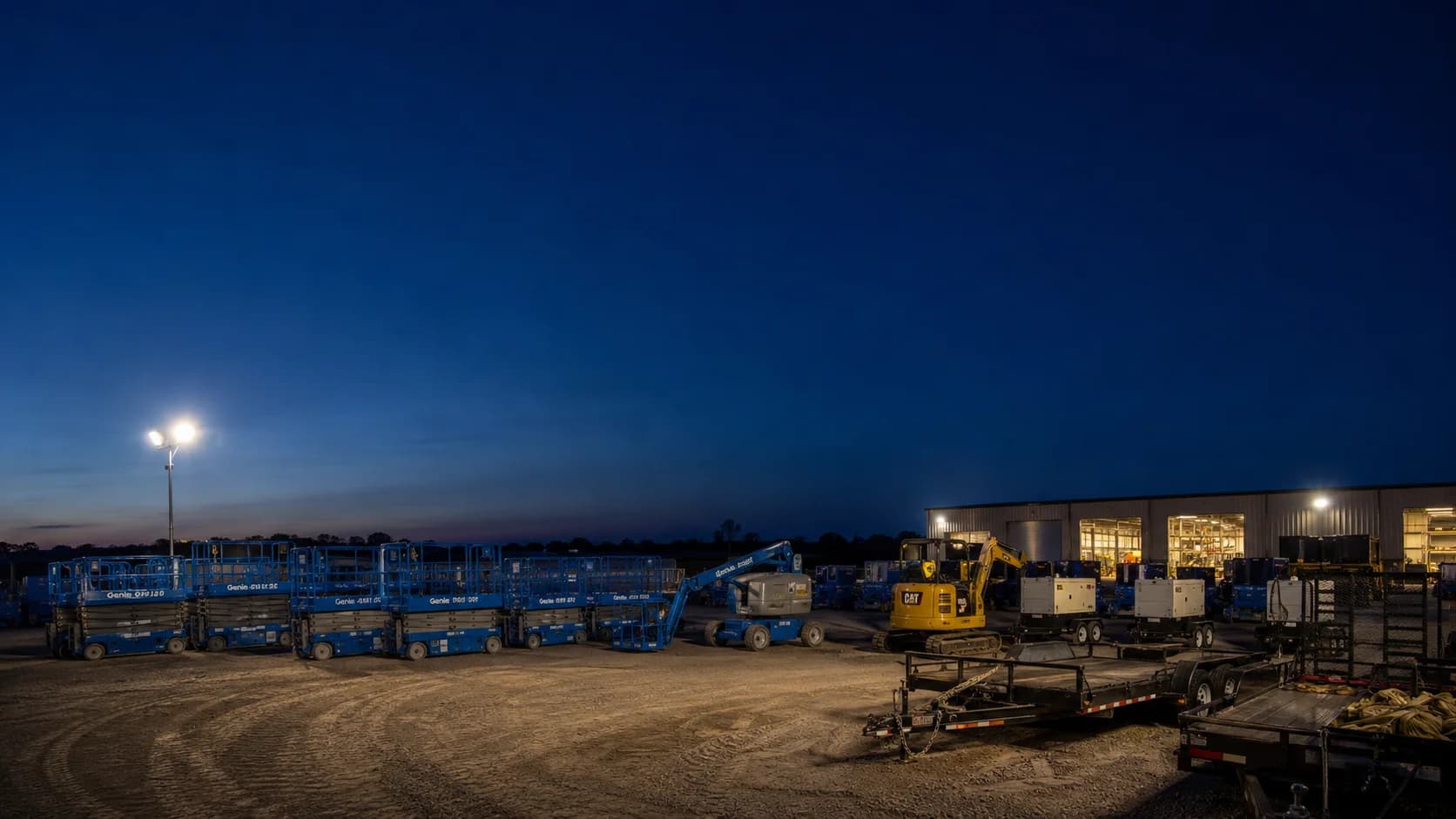 Equipment rental yard at dusk with rows of lifts and machines