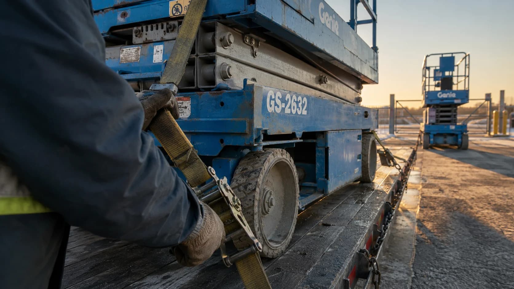Scissor lift being strapped to a trailer before leaving the rental yard